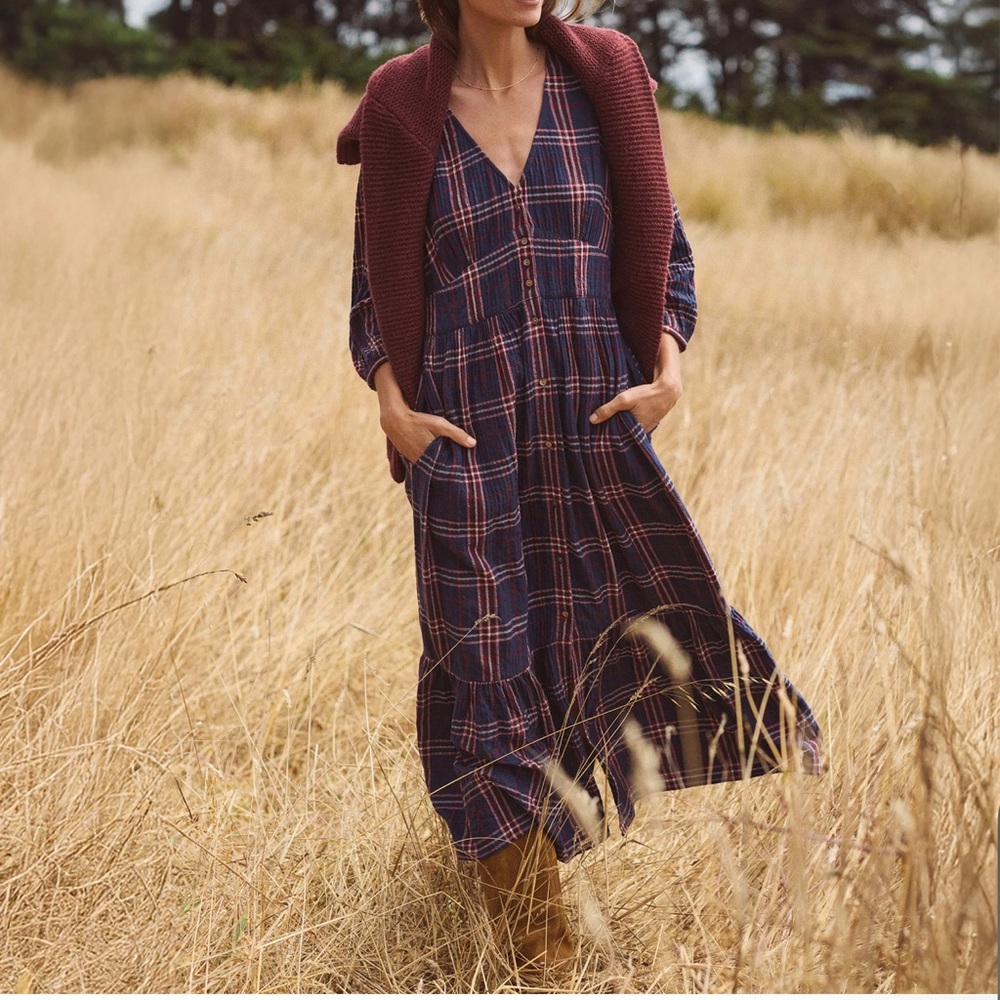 Marine Layer Navy and Rust Plaid Midi Dress